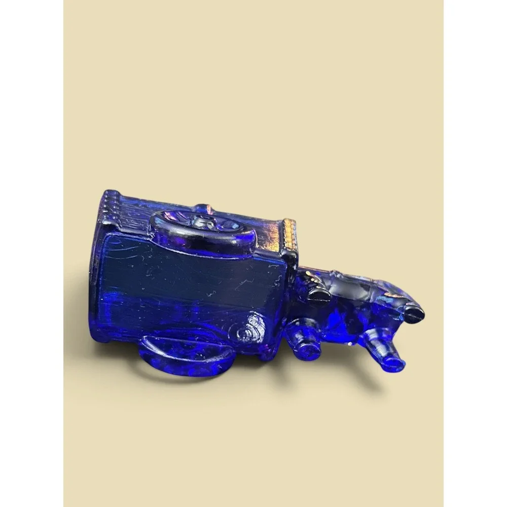 Vintage Jeannette Cobalt Blue Glass Donkey & Wood-Grain Wagon Figurine Rare Mini